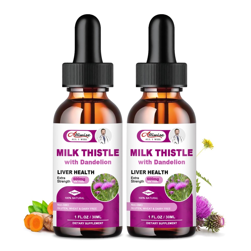 Aknu veselības atbalsts Liquid 2 Pack,600mg Milk Datetle 80% Silymarin ekstrakts & 250mg Dandelion Saknes ekstrakts, aknu tīrīt Detox & remonts Taukvielu aknu formula, Vegan, Non-GMO un All-Natural