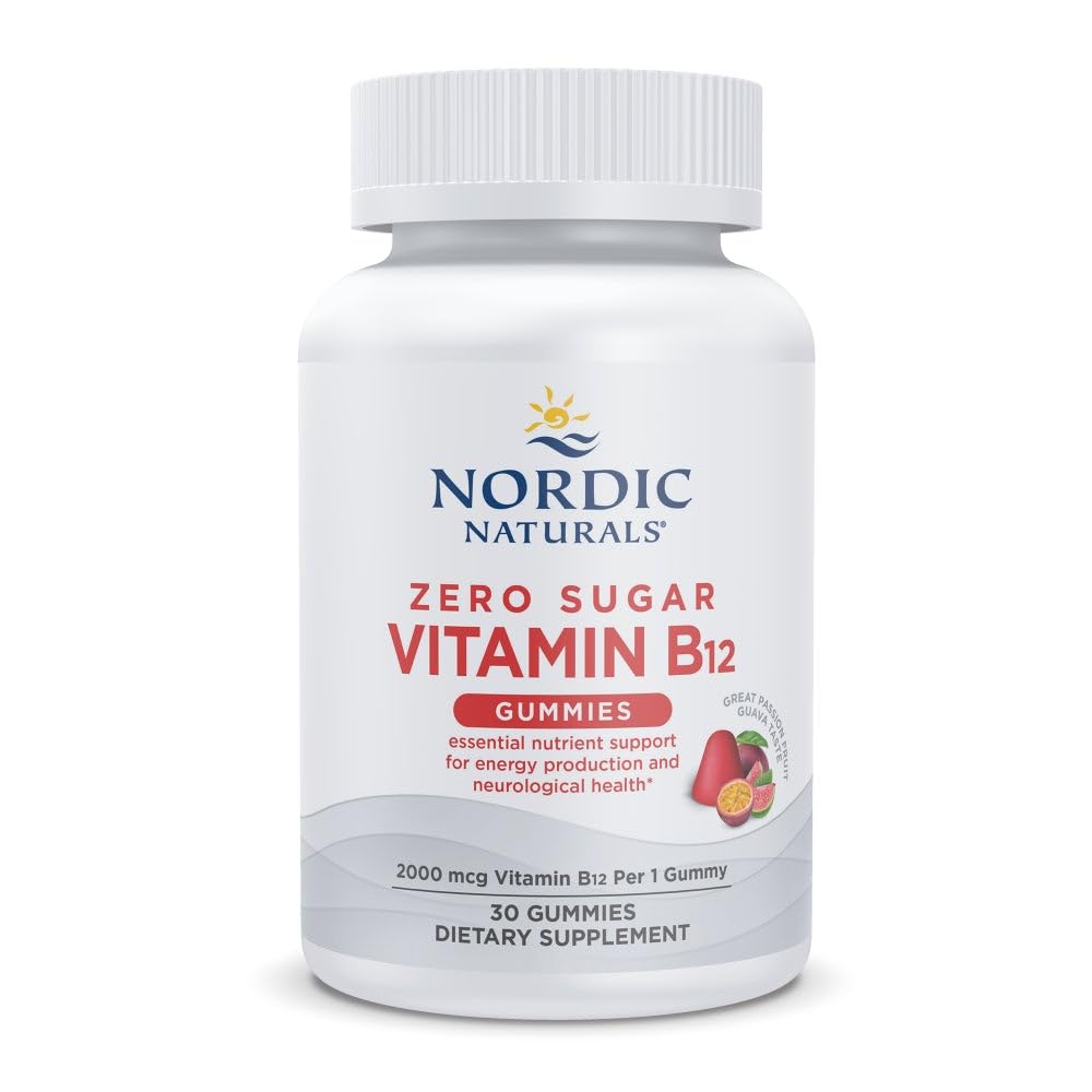 Nordic Naturals Nulle Cukurs Vitamīns B12 Gumijas - 2000 μg Vitamīns B12 uz gumiju, Passion Fruit Guava Flavor - 30 Gumijas, Essential Nutrient Atbalsts enerģijas ražošanai un smadzeņu veselībai, 30 Kalpo