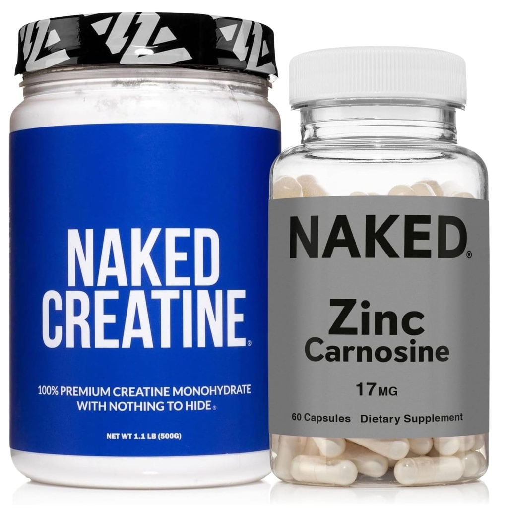NAKED Zinc Carnosine 17mg (60 Capsules) + NAKED Pure Micronized Creatine Monohydrate 500g (100 Servings) – Vegan; Non-GMO; Gluten Free; Soy Free