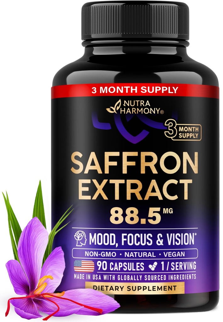 Dabiskie safrāna papildinājumi - Pure Safrona ekstrakts 88.5 mg - Ražots ASV - Focus - Focus - Vision - Enerģijas atbalsts - Acu veselība sievietēm un vīriešiem - NonGMO Vegan Tabletes - 90 Pulvera kapsulas, 3 mēnešu piegādes