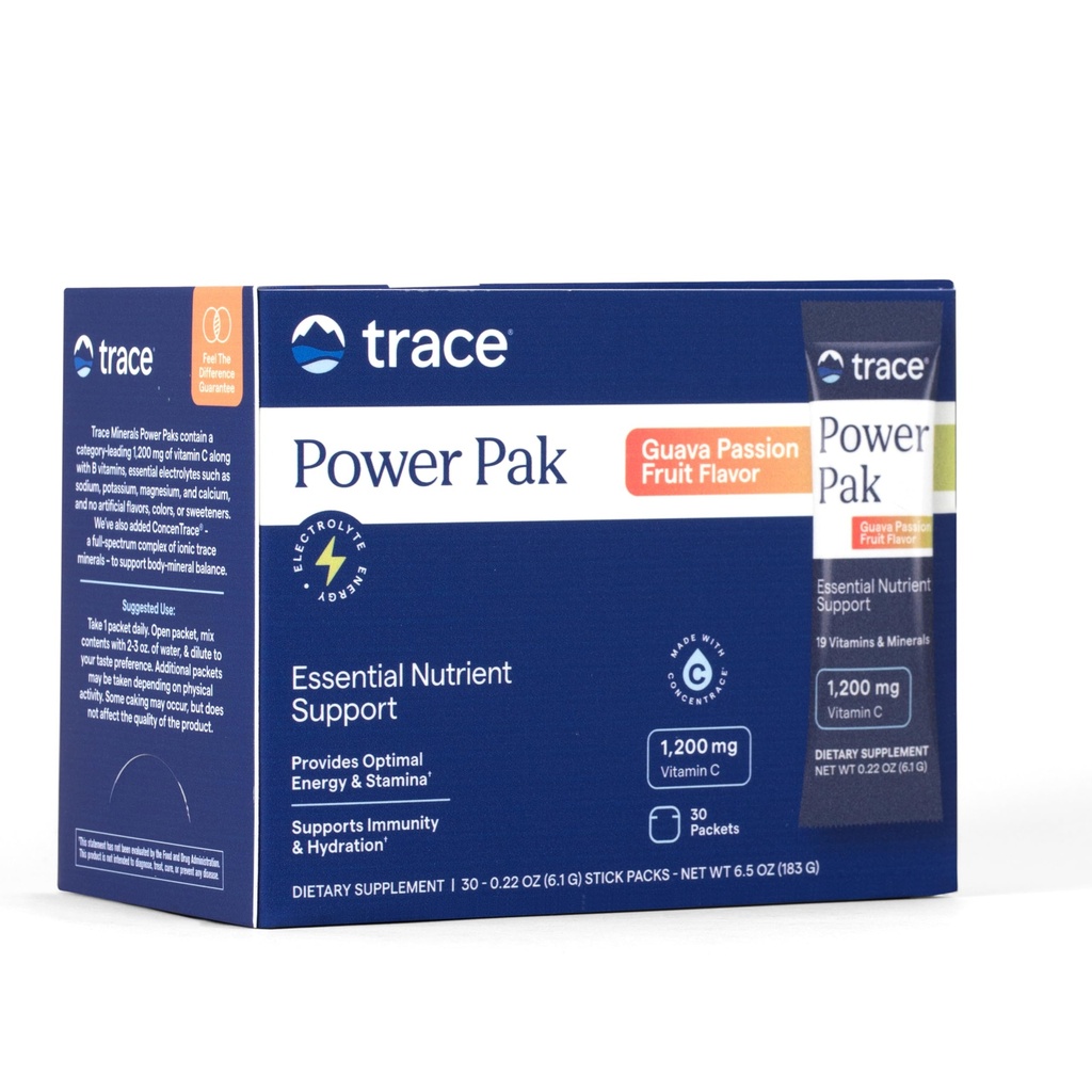 Trace Minerals Power Pak Multivitamīnu un multiminerālu paketes - Elektrolītu atbalsts - 1200 mg C vitamīna Plus 70 Guava Passion Fruit Flavor - 30 paketes
