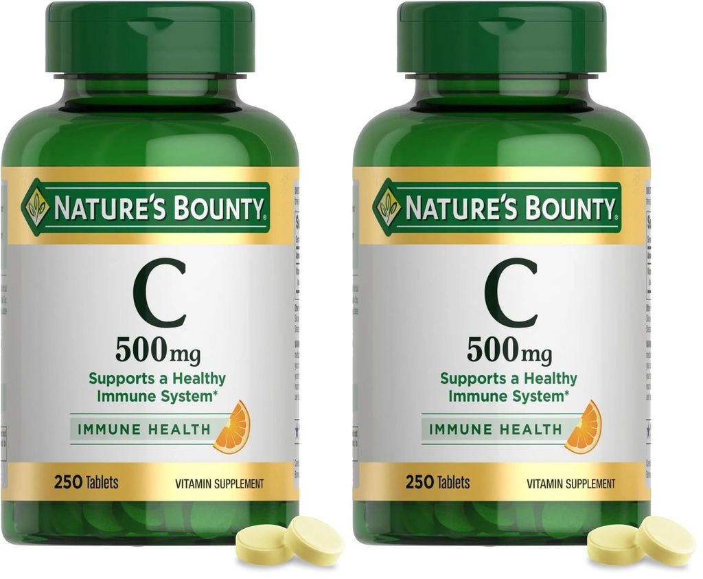 Dabas Bounty vitamīns C 500mg,atbalsta veselīgu imūnsistēmu,Ikdienas vitamīnu papildinājums,250 Veģetārās tabletes,(Iepakojums no 2)