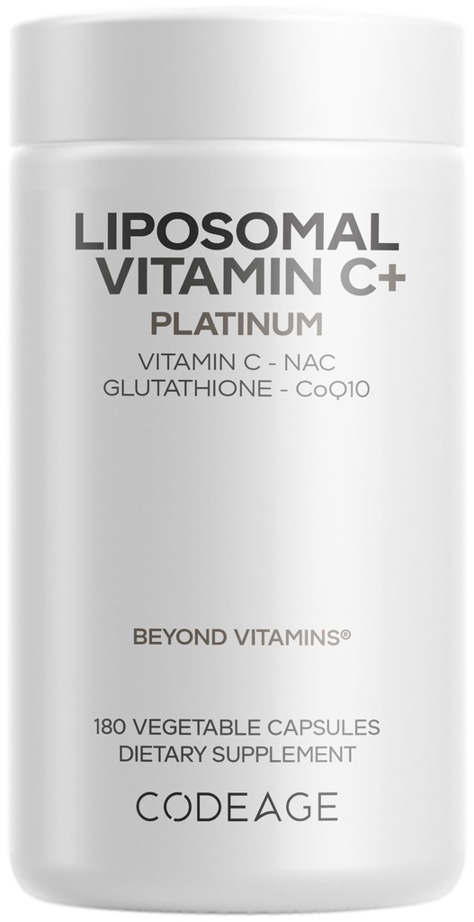 Kode Liposomālais vitamīns C+ Platīns - 1000 Mg C vitamīns Vitamīni, glutations, NAC (N acetilcisteins), Resveratrols, CoQ10, Rutins, Plūškoka ogas, kvercetīns, Rozehips, Citrus Bioflavonoids - 180 kapsulas
