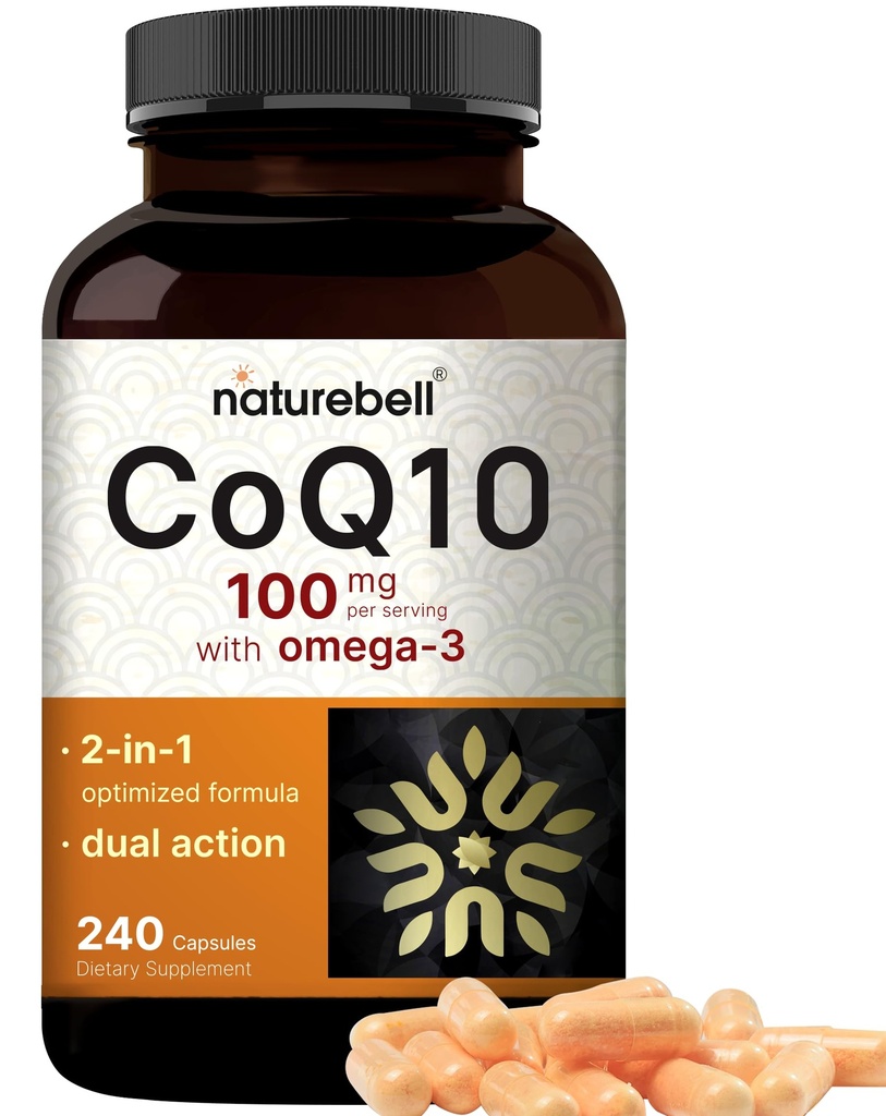 NatureBell CoQ10 100mg ar Omega 3, 240 kapsulām; • stabila augstas absorbcijas forma – antioksidants sirds un enerģijas veselībai – papildus spēks Coenzyme Q10 papildinājums