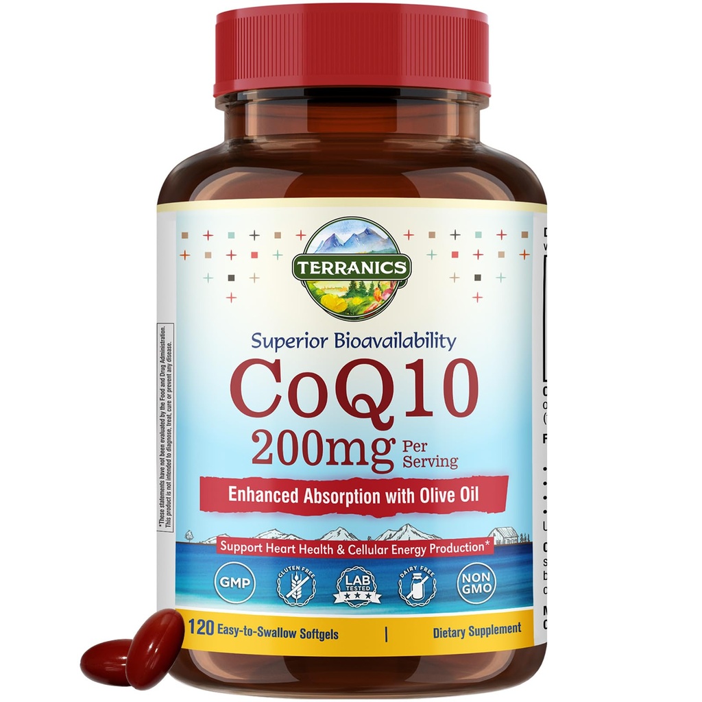 Terranics CoQ10 200mg, Coenzyme Q10 Papildinājums ar Extra Virgin Olīveļļa pastiprinātai Absorbcijai, Ražots ASV, Atbalsta sirds veselību, Antioksidantu aizsardzība, Enerģijas ražošana, Ne-GMO, 120 Softgels