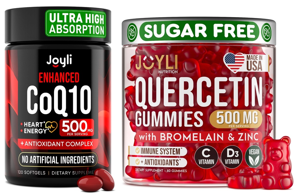 Quercetin with Bromelain & CoQ10 500mg Bundle – 120 Coenzyme Q10 Softgels + 60 bezcukura Quercetin Gumijas ar cinku, C un D3 vitamīnu – Imūns, sirds un enerģijas atbalsts – ASV izgatavotie papildinājumi