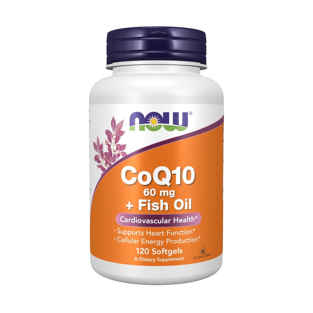 NOW pārtikas piedevas, CoQ10 60 mg ar omega 3 zivju eļļu, sirds un asinsvadu veselība*, 120 softgeli