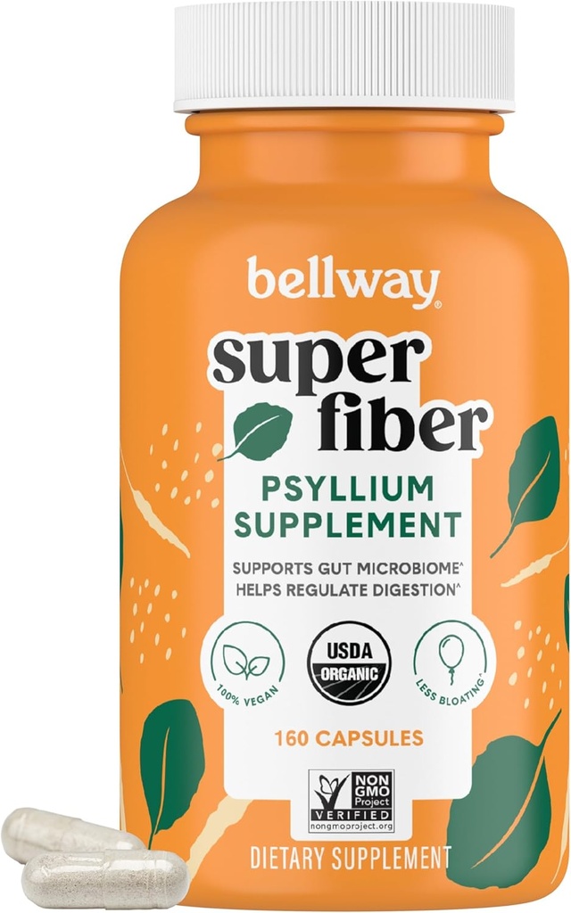 Bellway Super Fiber Kapsulas - USDA Organic Psyllium Husk Kapsulas - Dienas Psyllium Husk Fiber Papildinājums Gremošanas veselību un regularitāti - Augu bāzes, ne-GMO, Kosher - 160 Kapsulas