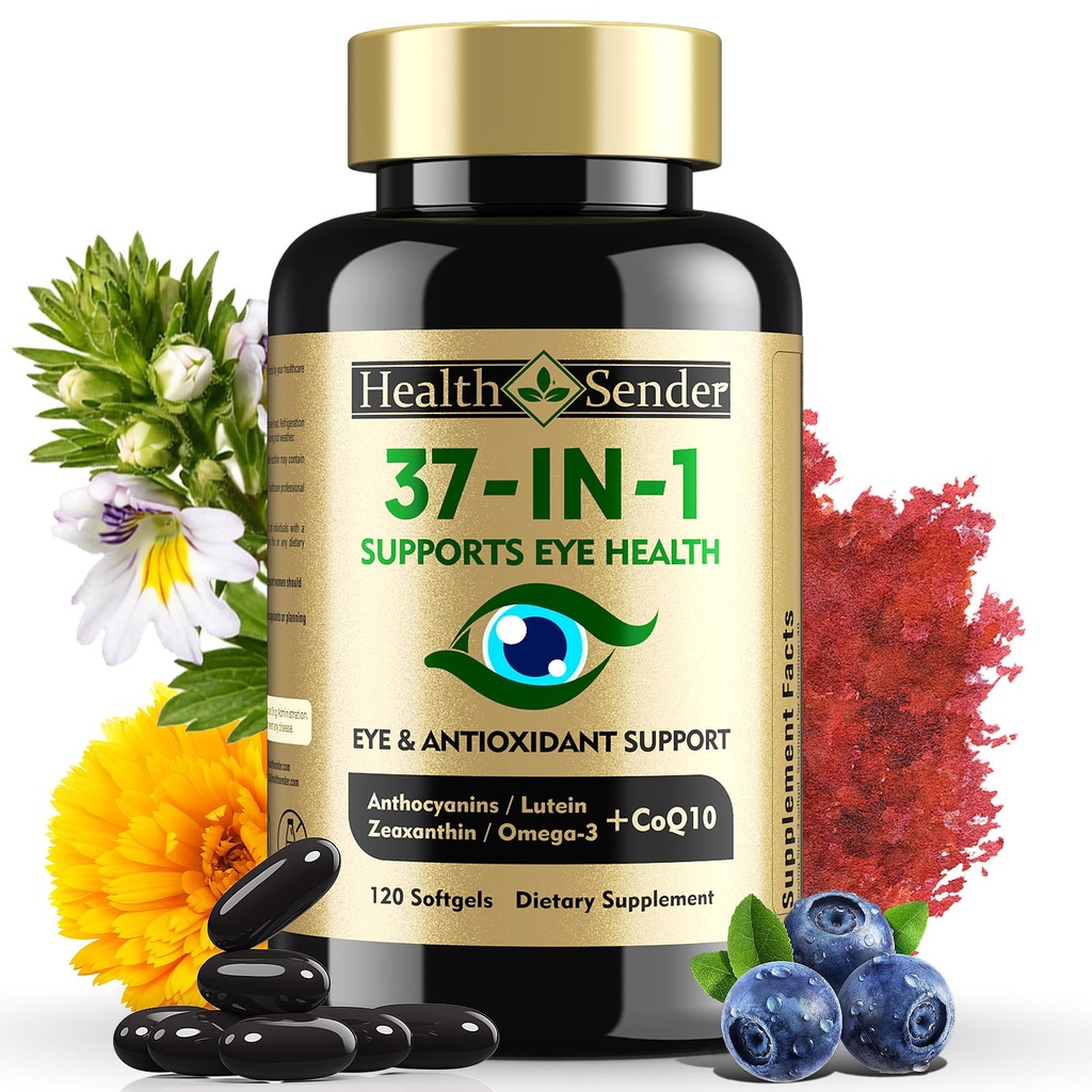 37 in 1 Acu vitamīni ar luteīnu un Zeaksantīna papildinājumu – acu papildinājums ar CoQ10, Omega-3, minerālvielu acu veselības atbalsts pieaugušajiem un senioriem, ikdienas redzes papildinājums, 120 melni softgeli