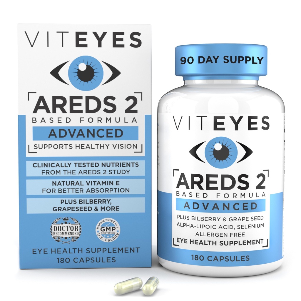 Viteyes AREDs 2 Advanced Acu vitamīni, makulas Atbalsts ar melleņu, vīnogu sēklu, FLORAGLO Lutein, Selenium, dabas E vitamīns, Alergen bezmaksas, redzes aizsardzība, acu ārsts uzticas, 180 grāfs
