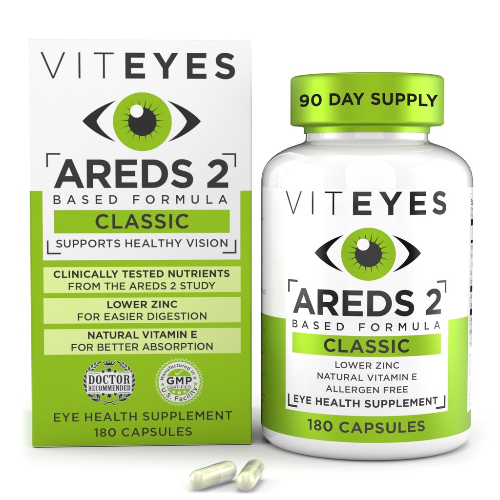 Viteyes AREDS 2 acu vitamīni, klasiskais makulas atbalsts, bez alerģiju izraisošas kapsulas, ar dabisko E vitamīnu, C vitamīnu, cinku, varu, luteīnu un zeaksantīnu, acu ārsts uzticas, ražots ASV, 180 Ct