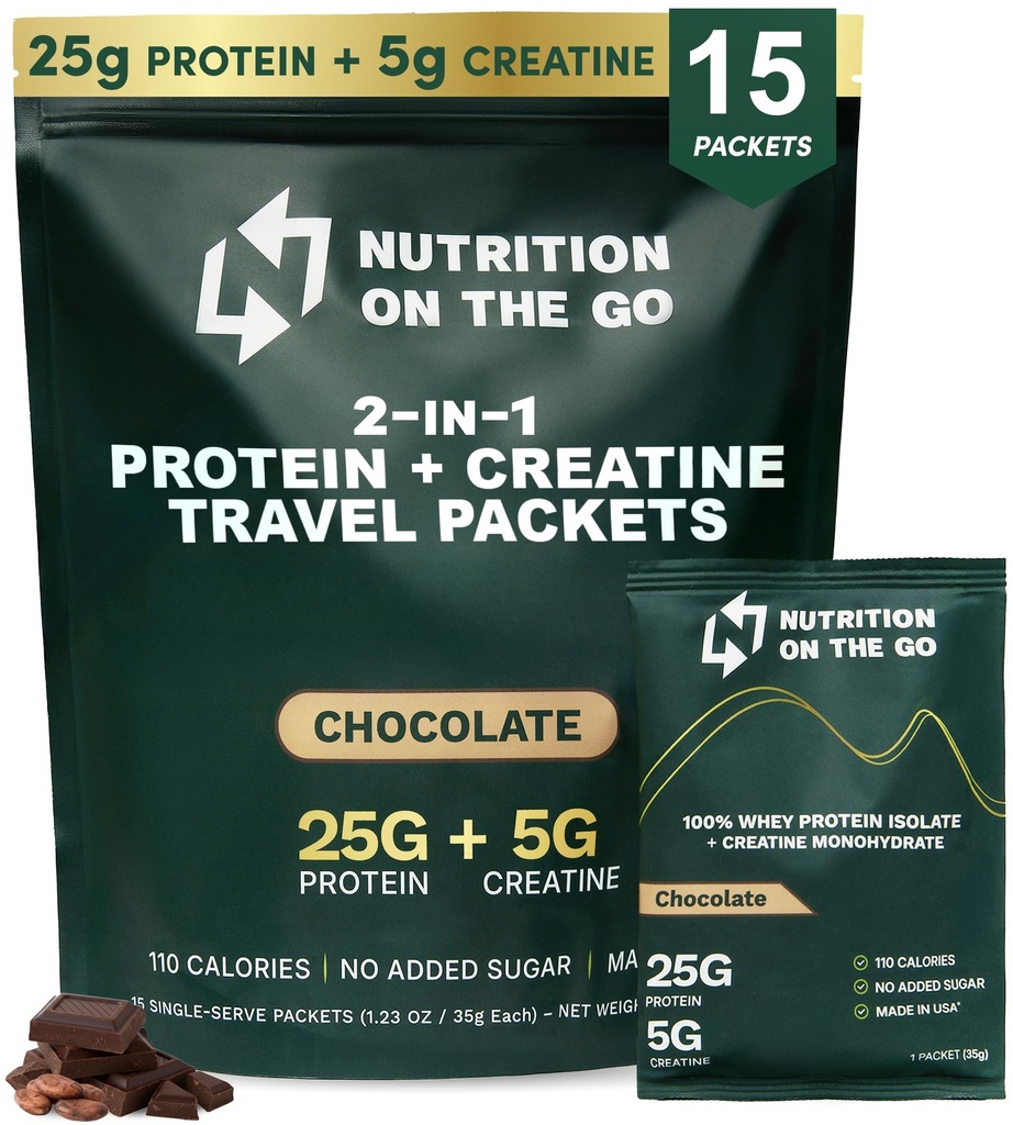 Uzturs uz Go Whey Olbaltumvielas Izolāts Packets ar kreatīnu - 25g Olbaltumvielas + 5g Kreatīns - viena serve Travel Olbaltumvielu pulveris - 5,9g BCAAs, Keto un zema oglekļa, bez lipekļa - Šokolāde (15-iepakojums)