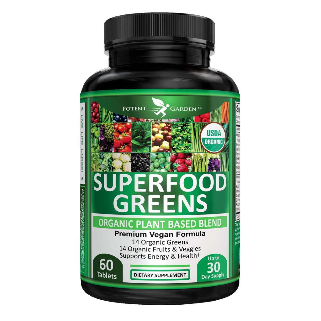 Spēcīgs dārzs Organic Superfood Greens, Augļu un Veggies Pielikums Bagātīgs ar vitamīniem un antioksidantiem ar Alfalfa, Bišu saknes un Tart Ķiršu Boost Enerģija, Imunity & Gut Health, Greens Tabletes 60 Ct