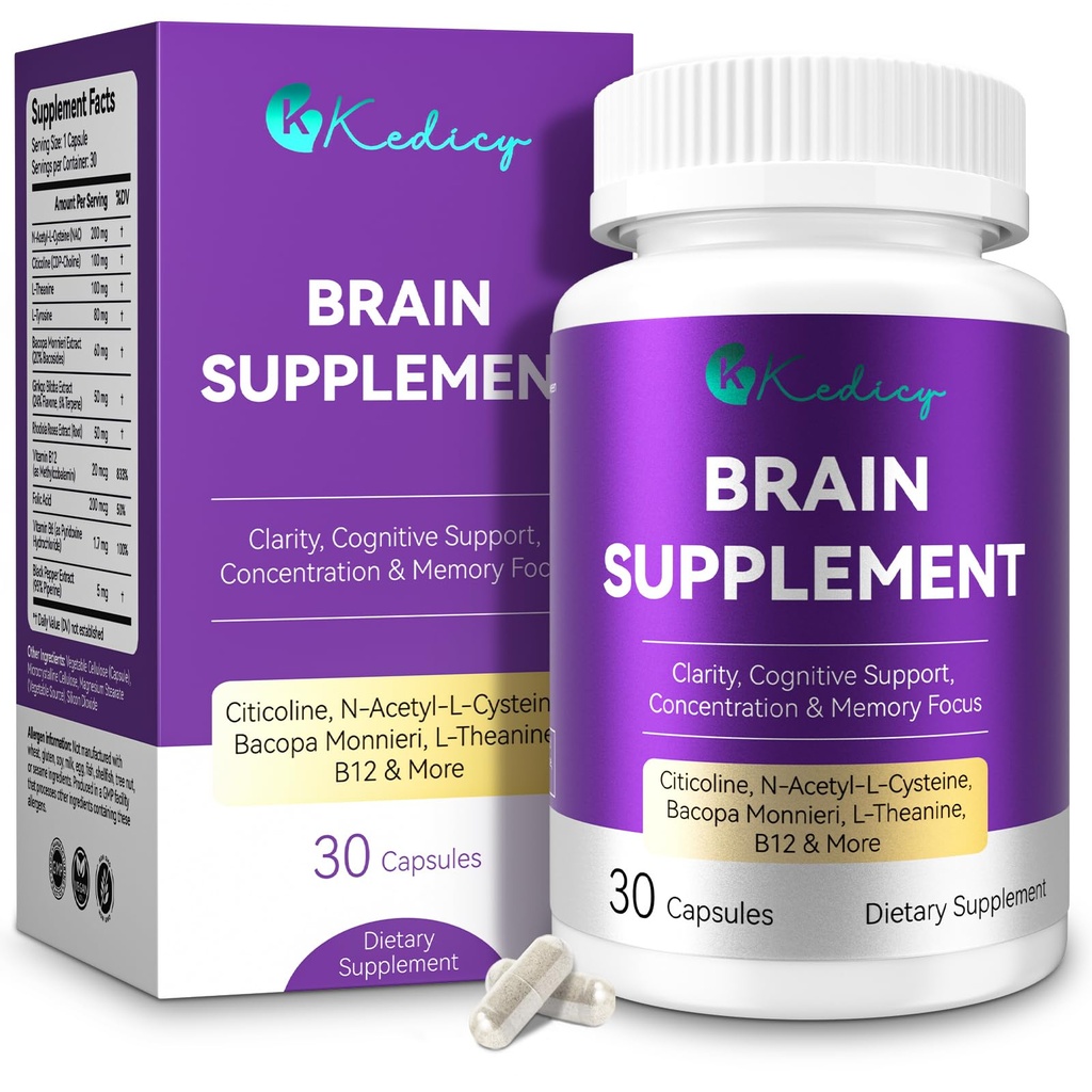 Brain Supplements for Memory and Focus, 11 in 1 Brain Supplement with NAC, B12, L-Theanine, Bacopa Monnieri & More - for Brain, Cognitive, Mental Clarity & Concentration - Vegan, 30 Caps(30 Servings)