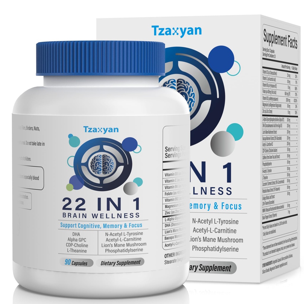 Smadzeņu piedevas atmiņai un fokusam, dzidrumam un kognitīvajai uzlabošanai, 300 mg Alpha GPC, CDP-Choline, DHA, Lion’s Mane, L-Teanīns, B6 vitamīns B12 un fosfatidilserīns vīriešiem un sievietēm, 90 kapsulas