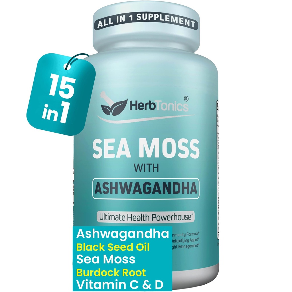 Herbtonika Sea Moss, Black See Oil, Ashwagandha, Burdock Root & ACV Complex ; Boost Immunity, Reduced Stress, Atbalsts Gremošana ; All-in-One SeaMoss Kapsulas   ; 60 Kapsulas
