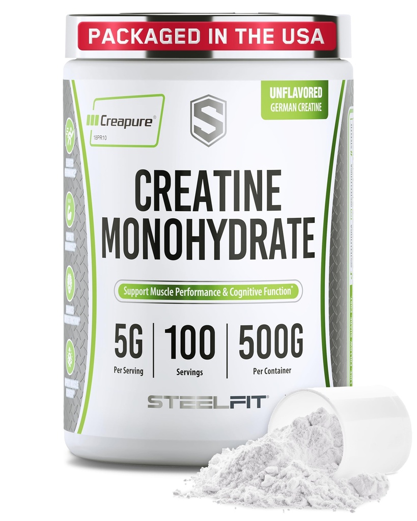 SteelFit Creapure Kreatīna monohidrāts Pulveris, neflavored - vācu mikronizēta kreatīna pulveris vīriešiem un sievietēm - Vingrojums Treniņš Uztura bagātinātāji muskuļu Gain, smadzeņu veselība un spēks ēka