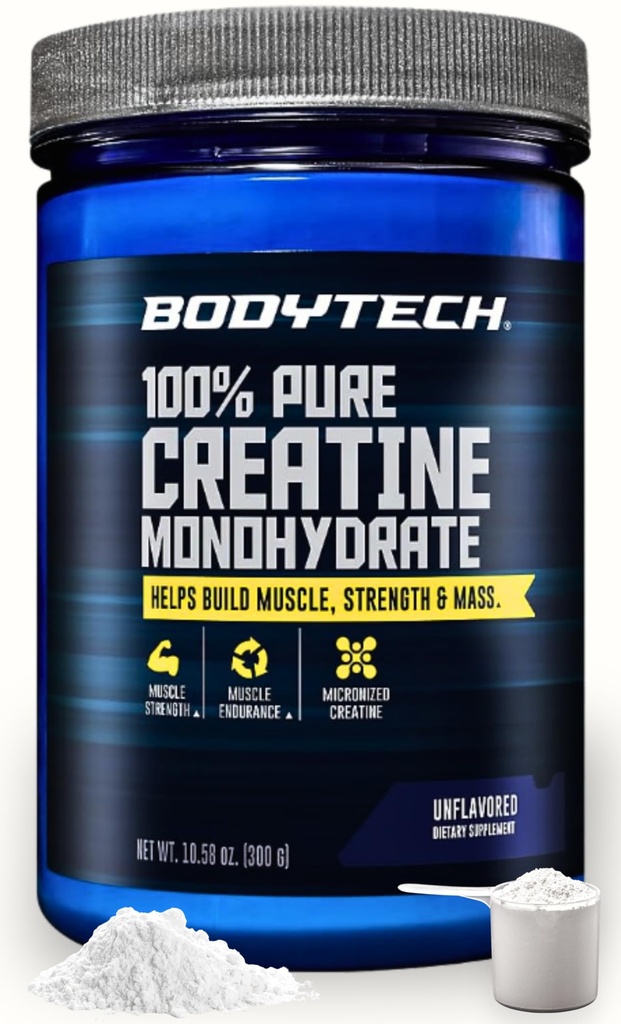 BodyTech Kreatīna monohidrāts Pulveris, Neuzliesmojošs Mikronizēta kreatīnformula vīriešiem un sievietēm, 5g par apkalpo, Pre Workout & Post Workout Papildinājums, bez lipekļa, bez cukura, 10.58 Oz, 60 Servējumi