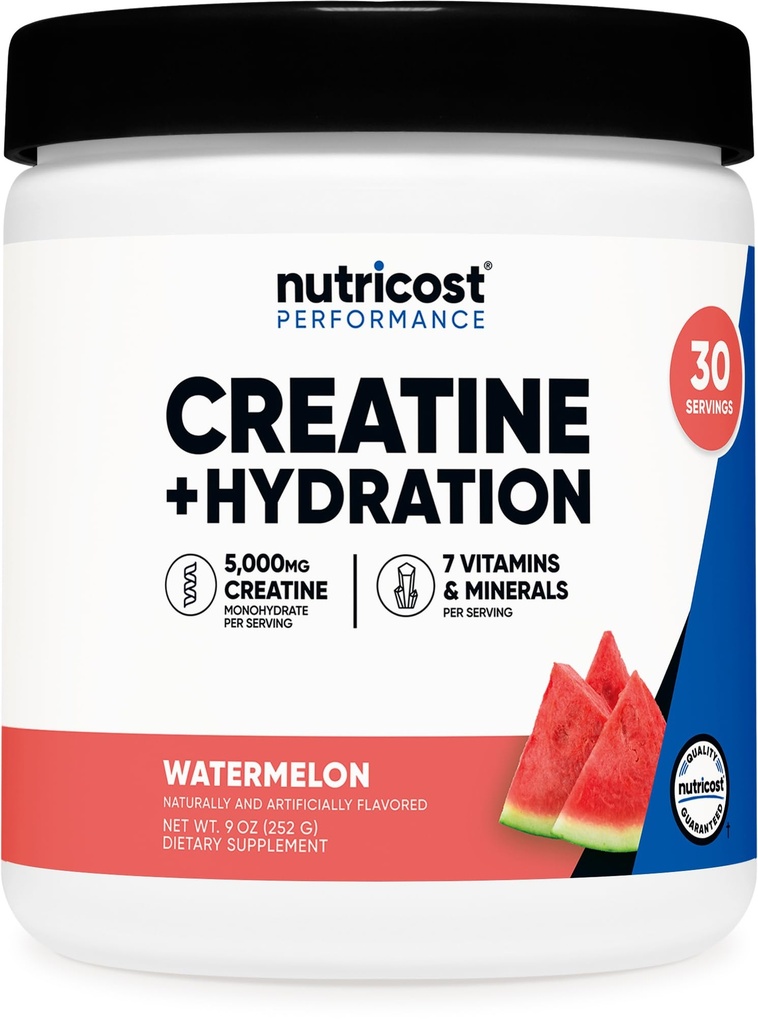 Nutricost Kreatīna monohidrāts + hidrācija Arbūzs aromatizēts (30 Kalpo) - 7 Vitamīni un minerālvielas, 5000mg kreatīna per apkalpo