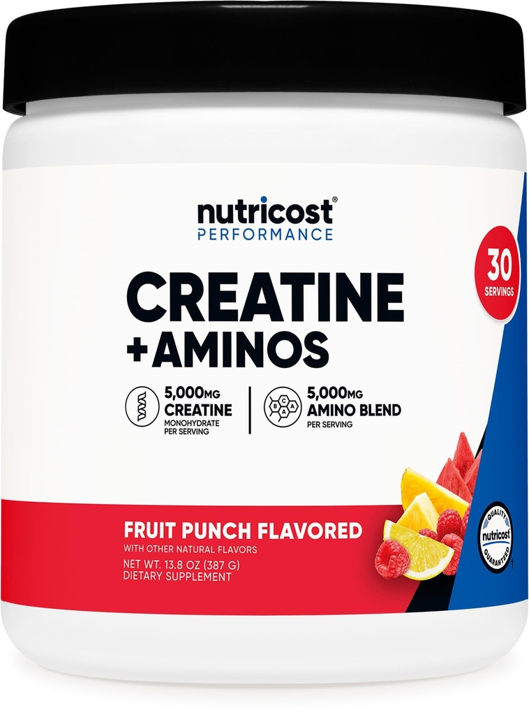 Nutricost Creatine + Aminos 30 Kalpo (Augļu pūna Flavored) - 5,000mg Kreatīna monohidrāts + 5000mg Amino BCAA Blend Per Kalpot