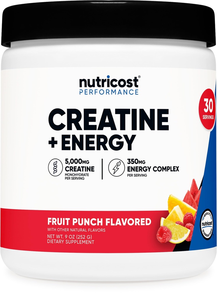 Nutricost Kreatīns + Enerģija 30 Kalpo (Augļu pūķis ar uzpūstiem) - 5,000mg Kreatīna monohidrāts + 350mg Enerģijas komplekss Per Servē