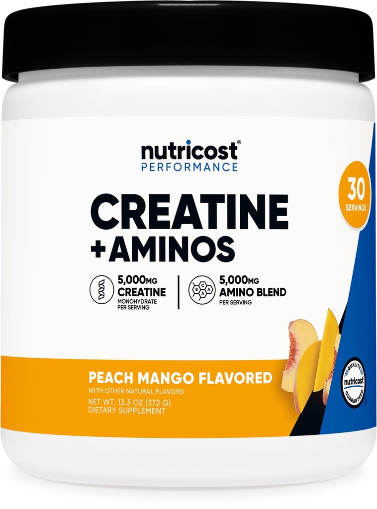 Nutricost Creatine + Aminos 30 Kalpo (Peach Mango Flavored) - 5,000mg Kreatīna monohidrāts + 5000mg Amino BCAA Blend Per Kalpot