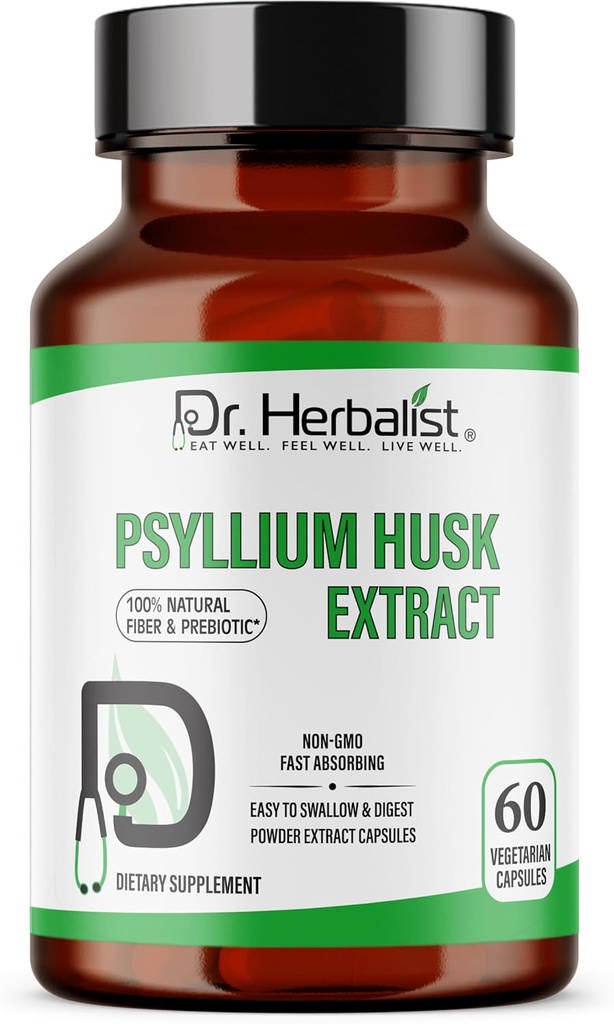 Dr. HERBALIST Psyllium Husk ekstrakts 1000mg Per Serving (Plantago Ovata Fiber papildinājums)- 60 Veg kapsulas - ātra absorbcija, iedegums uz kuņģa, balsti Digestion & Daily Fiber.
