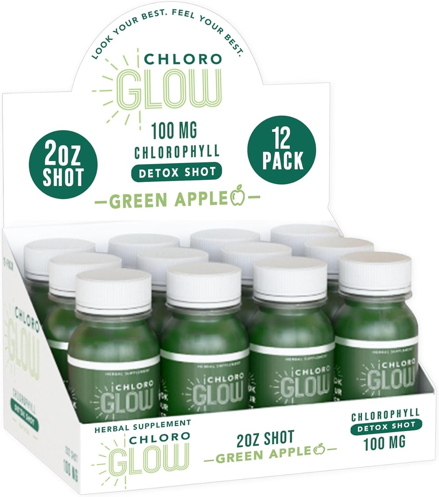 Hloroglovs (Chlorophyll Shots) – organisks augu izcelsmes zaļš ābolu dzēriens imūnsupportam un ķermeņa tīrīšanai – dabisks papildinājums (12 iepakojums)