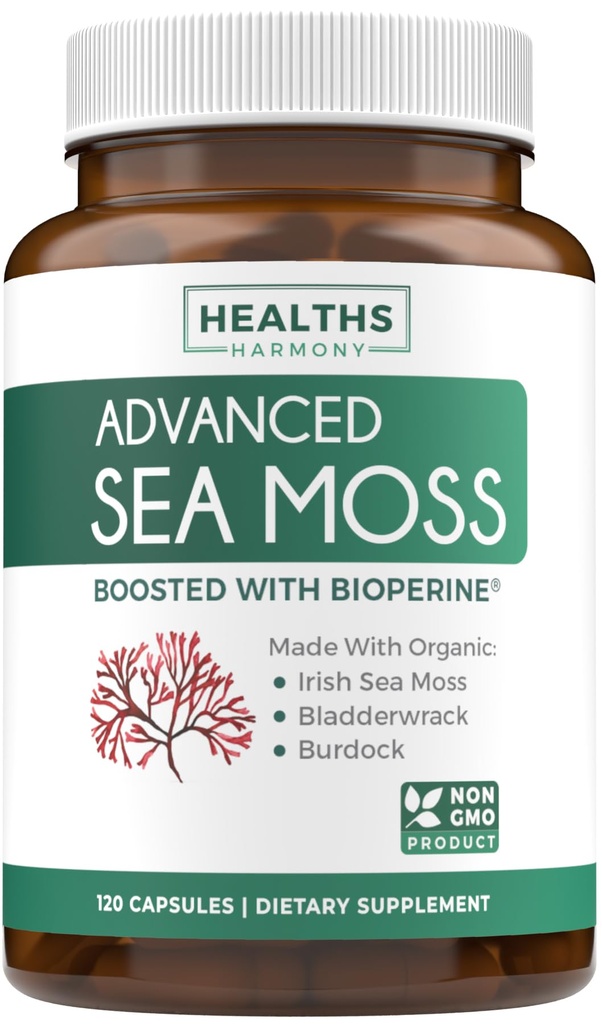 Organic Irish Sea Moss Capsules - Organic Sea Moss Capsules with Bladderwrack Burdock Root and Black Pepper Extract for Enhanced Absorbcija - Vegan Non-GMO & Ražots ASV (2 mēnešu piegādes)