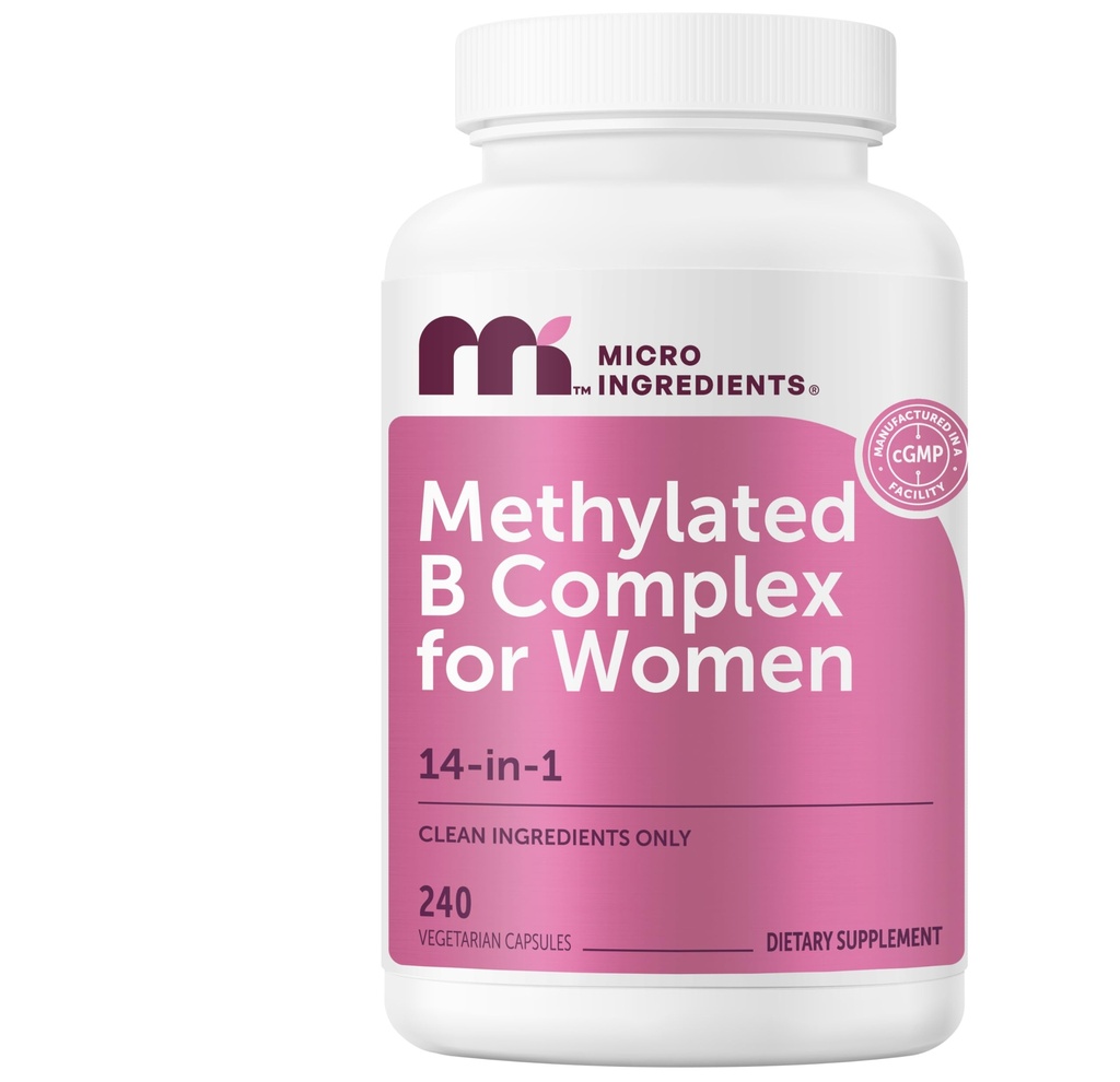 Micro Ingredients Metilēts B komplekss sievietēm, 240 Veģetārās kapsulas  - aktivēts B vitamīns ar metilfolātu, Metil- B12, DIM un inozitola kompleksu - 14-in-1 Bioaktīvā B vitamīna formula
