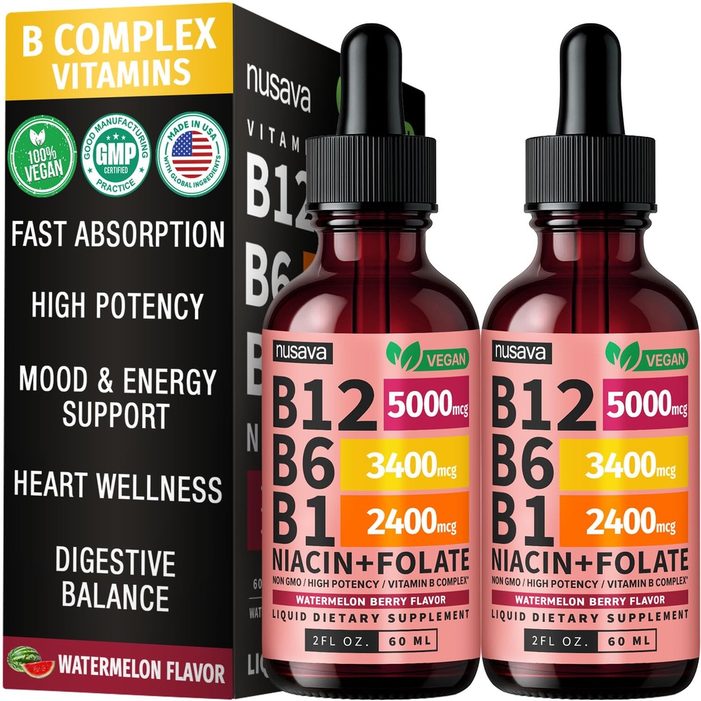 (2 Pack) Vitamin B12 and B6 Liquid Drops, B12 Sublingual Vitamin B Complex - B 12 Vitamin 5000mcg - B12 Methylcobalamin for Energy, Brain, Heart Support with 27,200 mcg, Watermelon Berry, 80 Servings