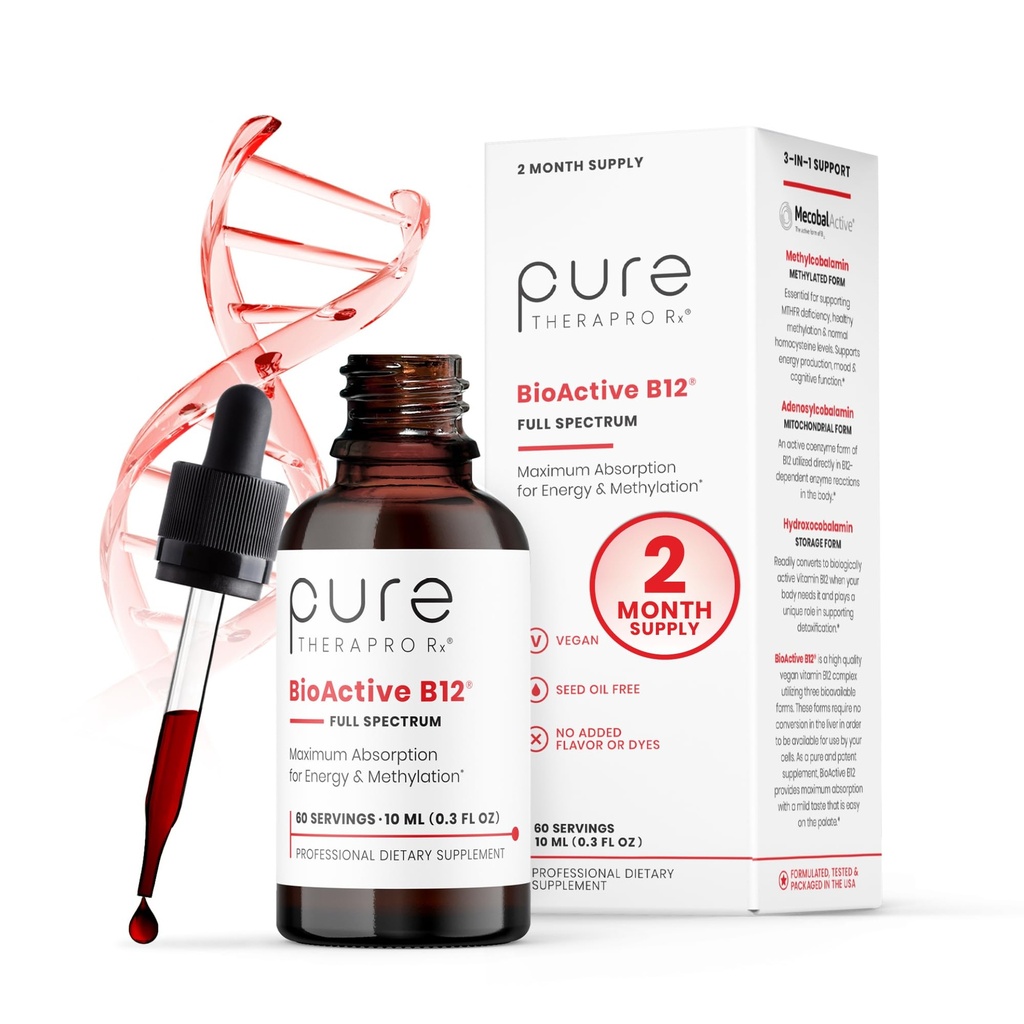 Pure TheraPro BioActive Vegan Methylated Vitamin B12 Sublingual Liquid Methylcobalamin, Hydroxocobalamin & Adenosylcobalamin 1,000 mcg per Drop (5 Drops = 5,000mcg / 2 Month Supply) 10 ml