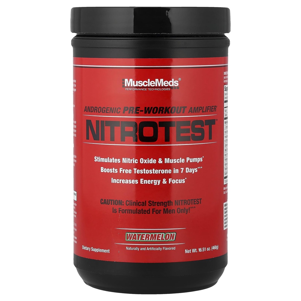 MuscleMeds Nitrotest Pre-Workout papildinājums Dzēriens, Boost Slāpekļoksīda, Testosterons, Arbūzs, 30 Servējumi, 1,03 Dzērieni, 1 Skaits