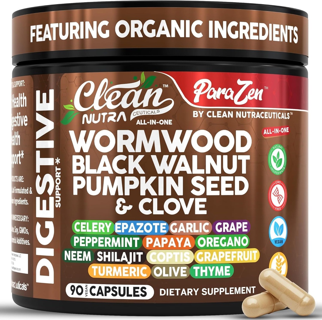 Tīrs Nutra Wormwood Melnais valrieksts Ķirbju sēklas Clove Oil Selerija Ķiploku Vīnogu Papaya Neem Diatomonee Earth Sievietes Probiotikas Gut Veselība Attīrīt Detox Oregano Olive Turmeric Papildinājums Vegan Kapsulas