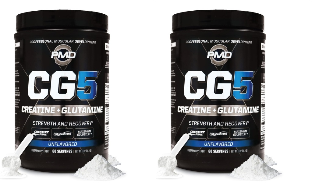 PMD Sports CG5 Premium Kreatīns & L Glutamīna pulveris, enerģijas atgūšana, Build Lean Muskuļi, Palielināt Workout veiktspēju, Maksimālais spēks Pirms Workout & Post Workout, Neuzliesmojošs, 60 Servings (iepakojums no 2)