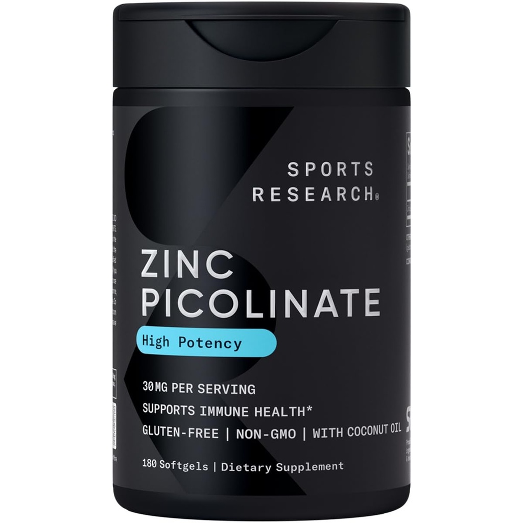 Sporta pētījumi Augstas potences cinka Picolinate 30mg ar organisko kokosriekstu eļļu ) Augsta absorbējama cinka Papildinājums veselīgai imūnās un enzīmu funkcija - Ne-GMO testēta un bez lipekļa (180 Šķidrie softgeli)