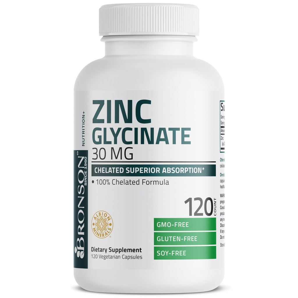 Bronson Cinka glicinate 30mg Helated Superior Absorbcija 100% Helēta formula, ne-GMO, 120 Veģetārās kapsulas