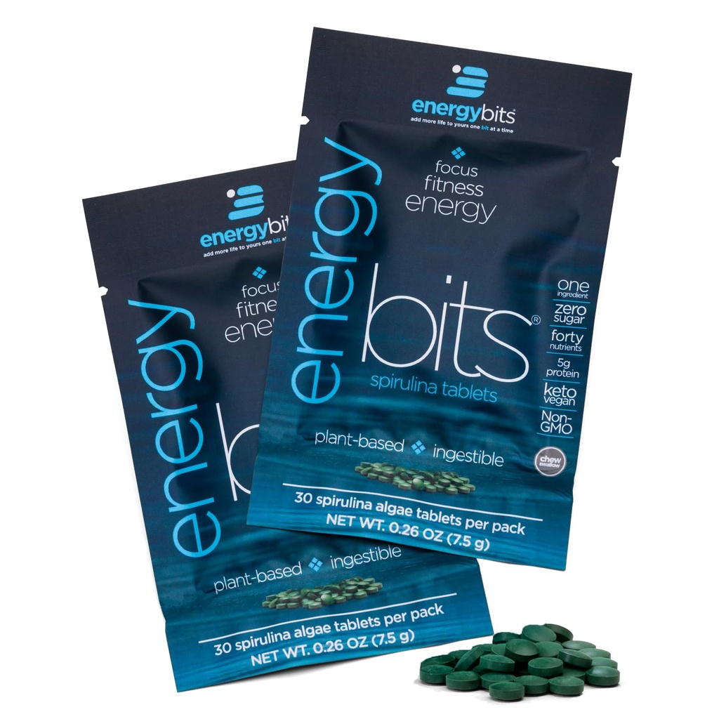 ENERGYBITS Organic Spirulina Tablets (60 Algae Tablets) Natural Superfood for Energy, Fitness & Focus - 5g Protein, 1 Calorie, Sugar Free - Omega 3 - Spirulina Capsules - Gluten Free, Keto & Vegan