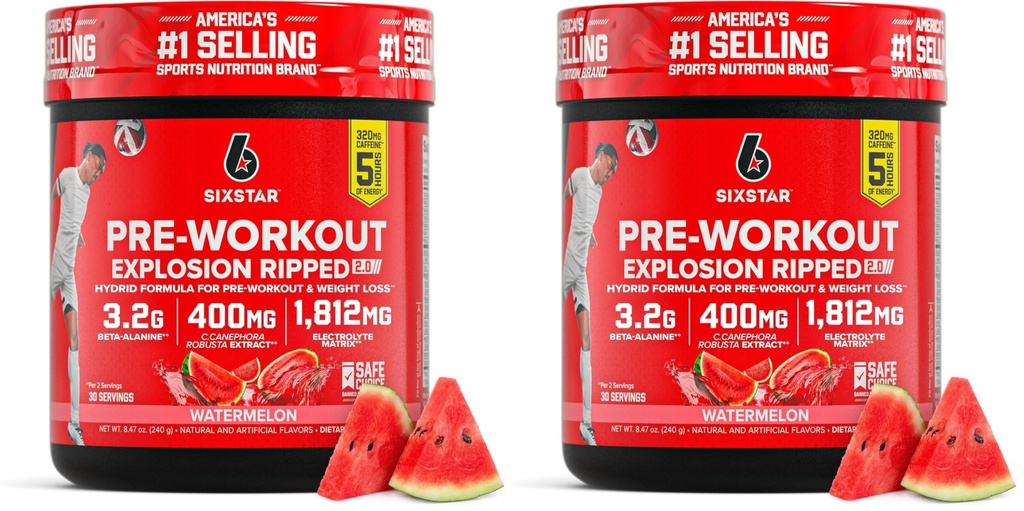 Sešas zvaigznes pirms treniņa Sprādziens,Watermelon (30 Servings)-Iepriekšējais enerģijas pulvera papildinājums vīriešiem un sievietēm pirms treniņa Dzērienu maisījums ar kreatīnu un Beta Alanīna-Sporta Nutrition Products,(Iepakojums no 2)