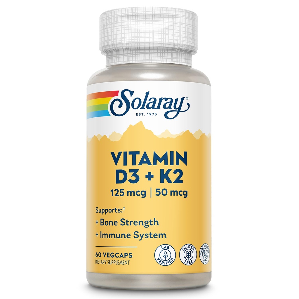 SOLARAY D3 vitamīns K2 - Kaulu veselības un imūnās atbalsta papildinājums - ar 5000 SV D vitamīna kā VIT D3 un 50 μg K2 vitamīna kā menohinona MK7, pagatavots bez sojas, 60 dienu garantija, 60 Serv, 60 VegCaps