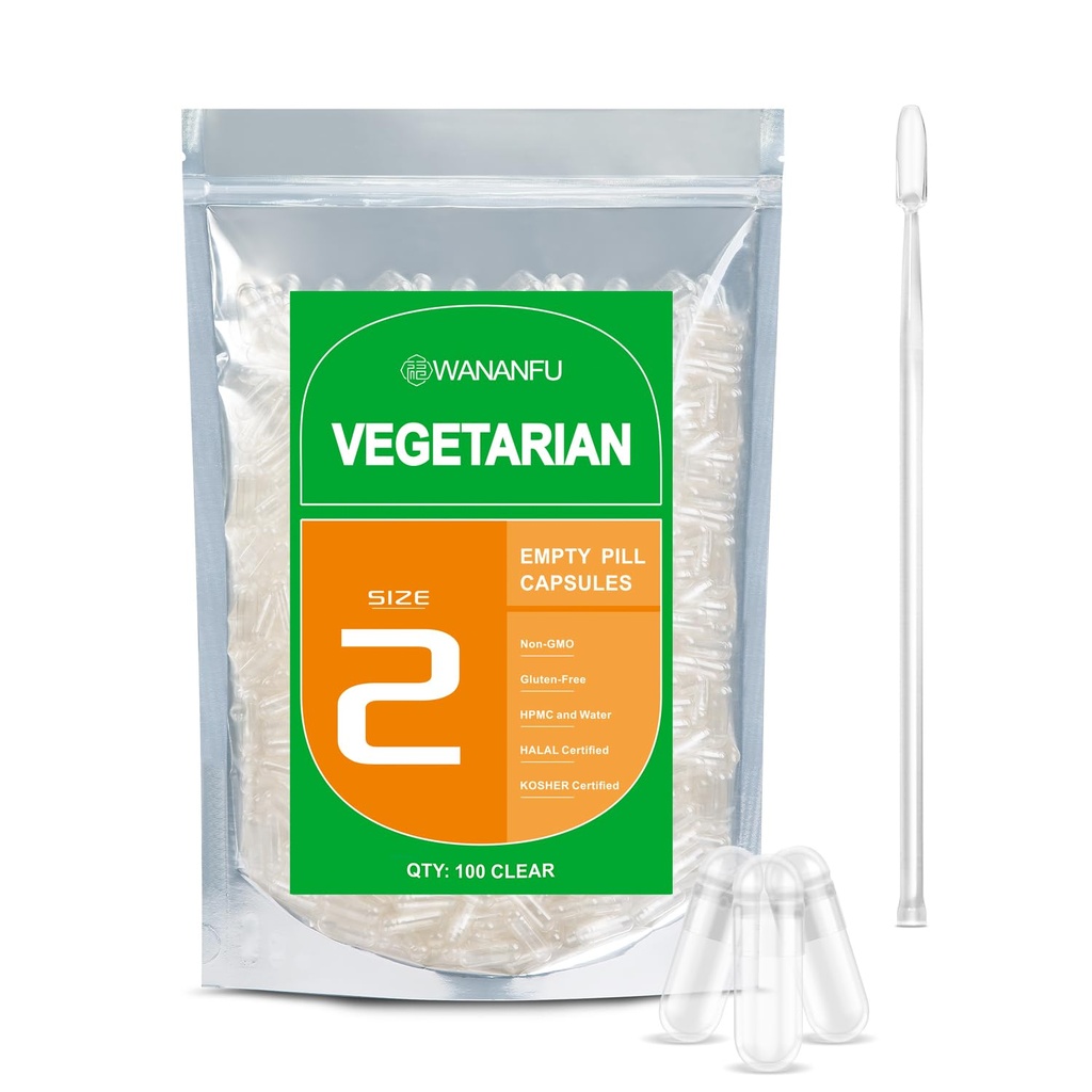 vananfu izmērs 2 Tukšas kapsulas Veģetārietis (100 Skaits) Bandle ar 2 Micro Lab Spoons, Skaidrs Pildām Veggie Pill Kapsulas izmērs 2, lai padarītu jūsu pašu bagātinātājiem