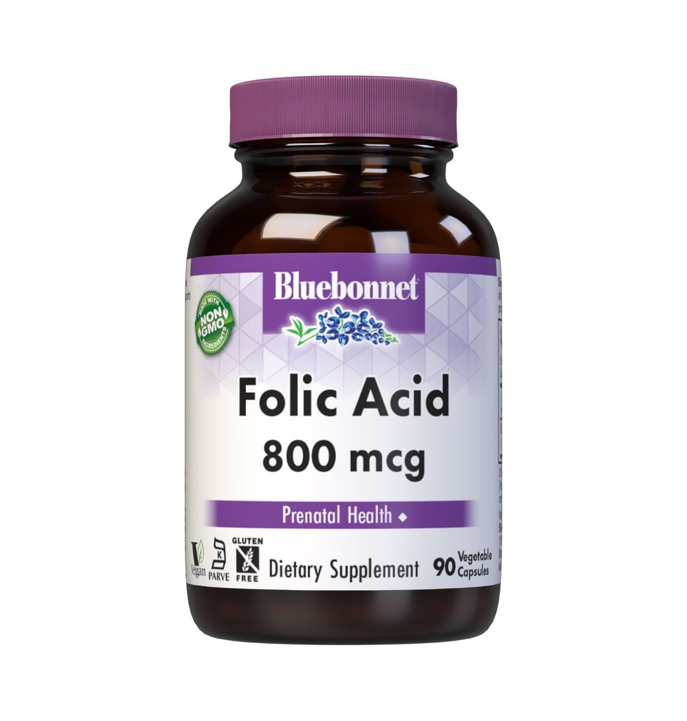 Bluebonnet Nutrition Folic Acid 800mcg, Healthy Neurological Development*, Soy-Free, Gluten-Free, Non-GMO, Kosher Certified, Dairy-Free, Vegan, 90 Vegetable Capsules