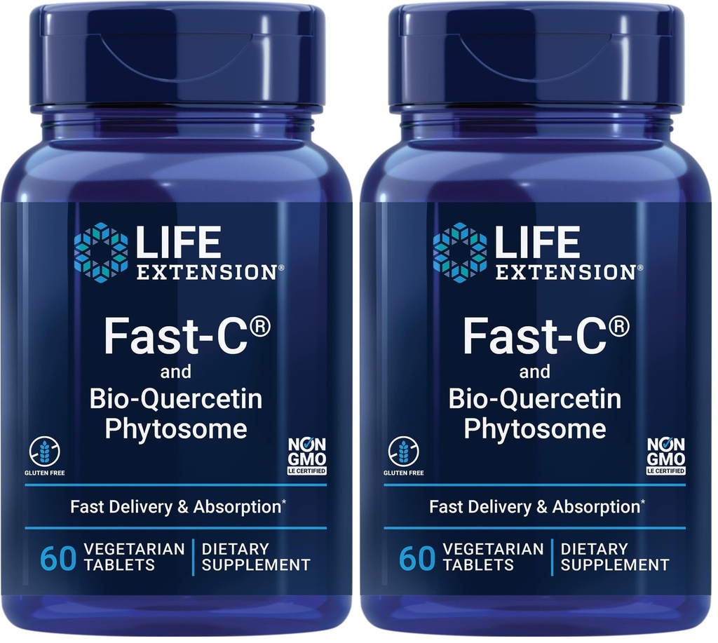 Life Extension Fast-C & Bio-Quercetin Fitosoma – ātra piegāde un absorbcija C vitamīna papildinājums optimālai imūnās palīdzības – bez lipekļa, ne-GMO, veģetārietis – 60 tabletes (iepakojums no 2)