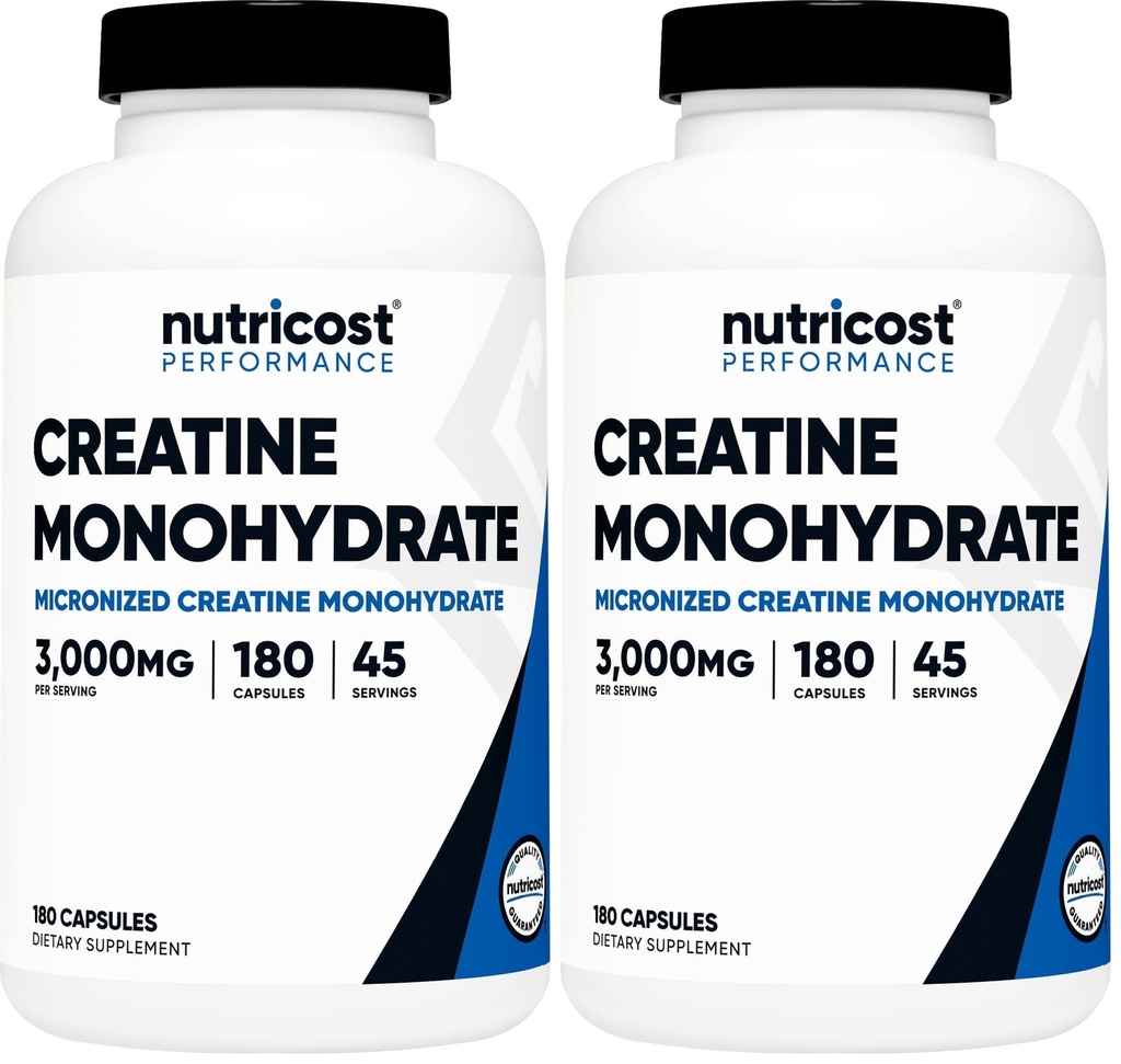 Nutricost Kreatīna monohidrāts 3 000 mg, 180 kapsulas (750 mg kapsulā) - nesatur lipekli, nav GMO (2. iepakojums)