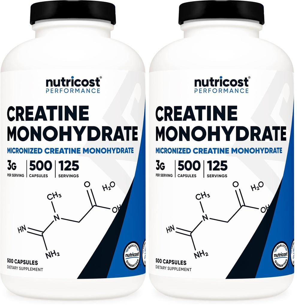 Nutricost Micronized Creatine Monohidrāts 3 000 mg 500 kapsulas, 125 Kalpojumi, 750 mg kreatīna monohidrāta katrā kapsulā (2. iepakojums)