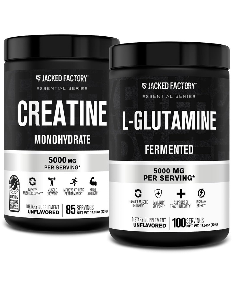 Jacked Factory Kreatīna monohidrāts Pulveris 425g, 85 SV & L-glutamīns Papildinājums 500g, 100 SV - Nav Neuzliesmojoši Fileri