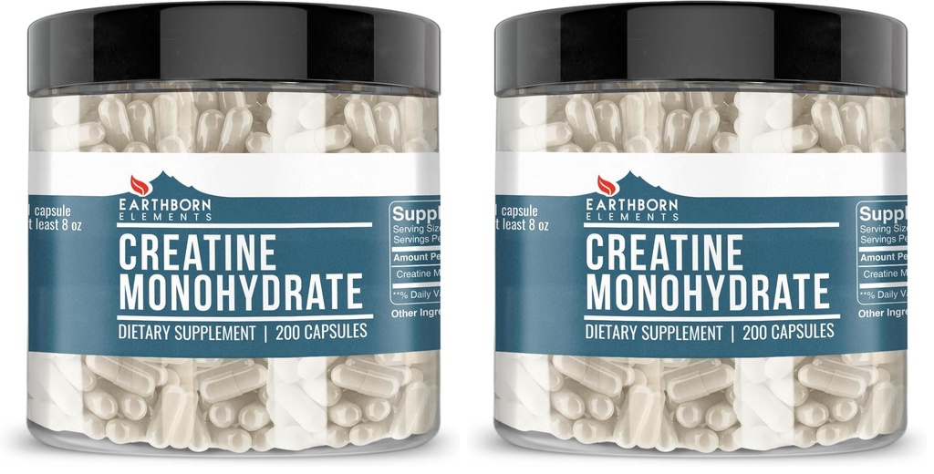 Earthborn Elements Creatine Monohidrāts 200 kapsulas, tīras un neatšķaidītas, bez piedevām (2. iepakojums)
