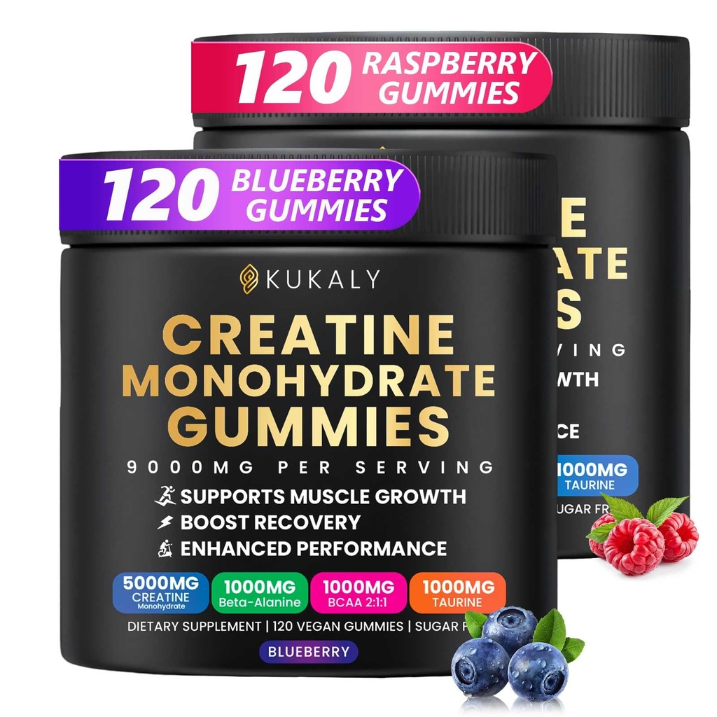 Kreatīnmonohidrāts Gumijas vīriešiem un sievietēm, 9000MG Kreatīn Gumijas bez cukura -BCAA 2:1, B12 B6 Boost Strength, Focus & Izturība, Vegan, ne-GMO