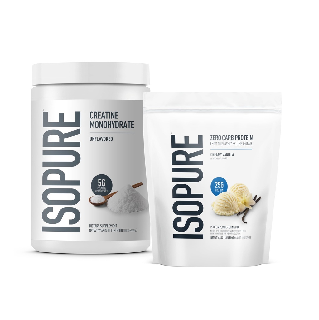 Izopure Bandle of Zero Carb 100% Pure Sūkalas Izolāts Proteīns Pulveris, Creamy Vanilla, 25g Protein Per Servē, 1 Lb, 14 Kalpo + Izopurs 100% Pure Kreatīna monohidrāts Pulveris, 100 Kalpojumi