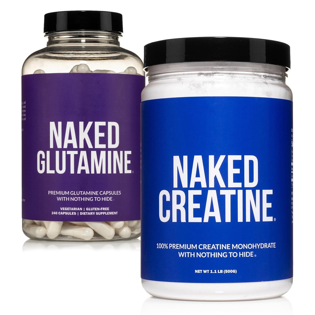 NAKED Pure Micronized Kreatīna monohidrāts 100 Kalpojumi + Tīrs L-glutamīns 240 Kapsulas Bandle: Vegan, non-GMO, bez lipekļa. Samazināt muskuļu sabrukumu un uzlabot olbaltumvielu sintēzi. Nekā mākslīga